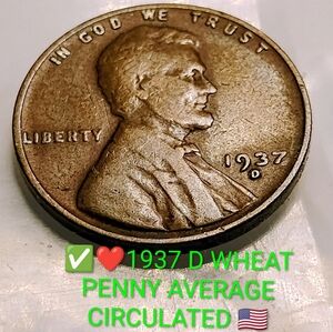 ✅❤️1937 Lincoln Wheat Penny Average CIRCULATED VINTAGE 🇺🇸